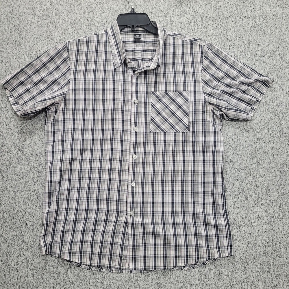 Oakley Mens Large Plaid Short Sleeve Button Down Shirt Grey Purple Logo‎ Pocket